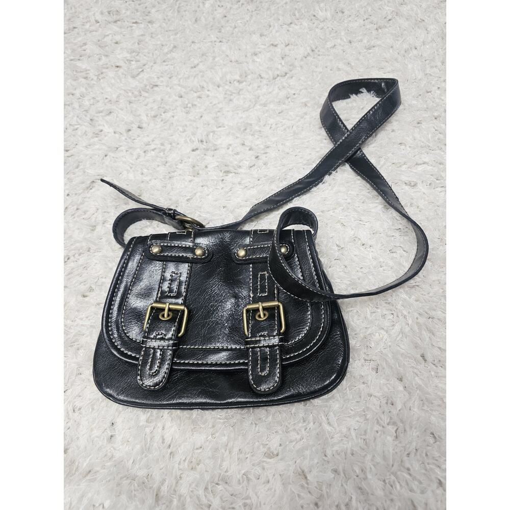 Nine West Black Leather Crossbody Bag Contrast Stitch Buckle Satchel Striped Y2k